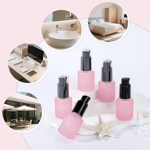 Image of Segbeauty 0.5oz Frosted Glass Lotion Pump Bottles, 5pcs Refillable Empty Travel Size Bottles for Lotions, 15ml Pink Glass Small Travel Containers for Creams, Mini Hair Oil Bottle Pump Dispenser