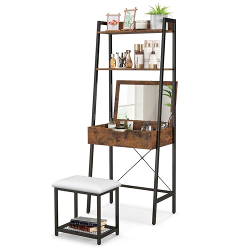 KOTEK Vanity Set with Mirror, Ladder Dressing Table with Cushioned Stool & Flip-Top Mirror, 4 Storage Compartments, Open Shelves, Makeup Vanity Desk for Small Space Bedroom (Black + Rustic Brown)