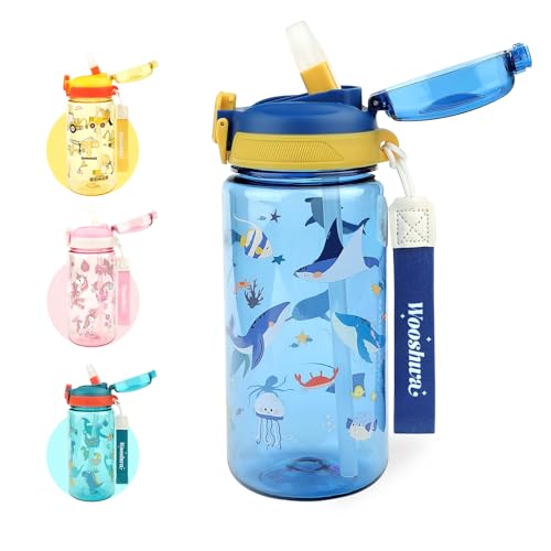 wooshwa Trinkflasche Kinder, Auslaufsicher Einhandöffnung, Wasserflasche mit Strohhalm für Kindergarten Schule und Sport, Tragegriff BPA-frei Spülmaschinenfest 600ml, Meerestiere