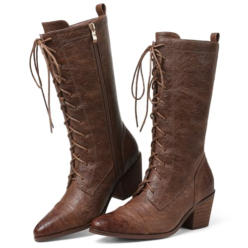 SaraIris Women's Brown Mid Calf Boots Lace Up...