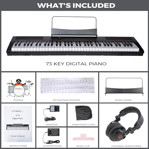 Image of Artesia Portable 73 Key Weighted Keyboard With Full-Sized Velocity Sensitive Keys, Digital Piano Beginner Set Include AMH-10 Headphones, Dust Cover, Keyboard Stickers and Free Melodics Piano Lessons