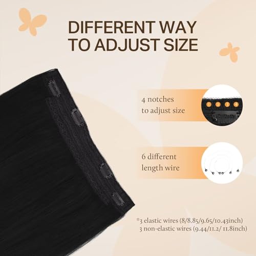 Image of DOORES Wire Hair Extensions, Jet Black 14 Inch 75g Fish Line Weft Extensions and 2pcs 30g Clip ins, 105g Invisible Wire Real Remy Human Weft Straight Transparent Seamless Hairpiece