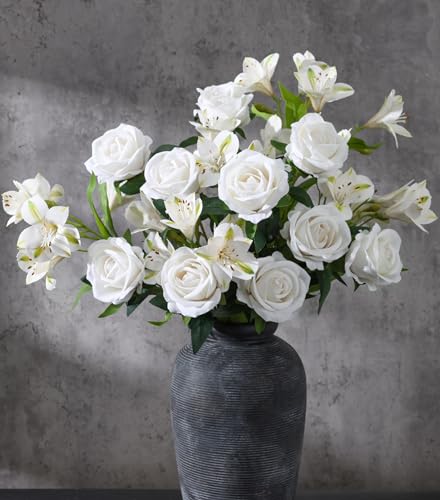 Artificial Flowers 14 Pcs White Roses & Lilies Fake Flowers White Flowers Artificial Flowers Bulk Long Stem Fake Flowers Bouquet Get Well Gifts for Women Easter Table Decor Gifts for Girlfriend