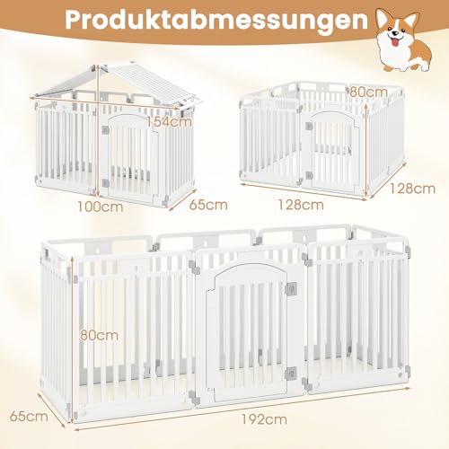 COSTWAY Welpenauslauf faltbar, Welpenlaufstall mit 8 Paneelen, abschließbarer Tür & Bodennägeln, 80 cm hoch, Hundelaufstall Outdoor Indoor, Laufstall Hund, Hundeauslauf aus Kunststoff, Weiß