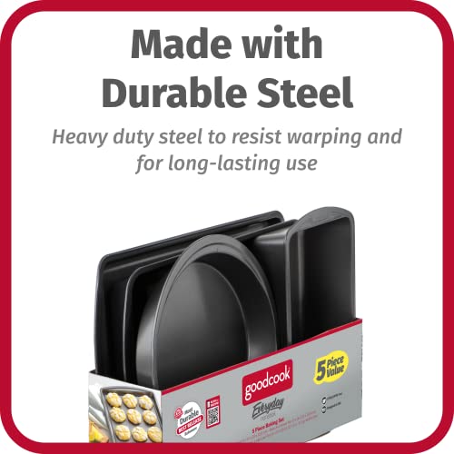 GoodCook Everyday Nonstick Steel 5-Piece Bakeware Set, Gray, Includes Cookie Sheet, Cake Pan, Loaf Pan, Muffin Pan, and Roast Pan, Durable and Scratch-Resistant Baking Set - Image 5