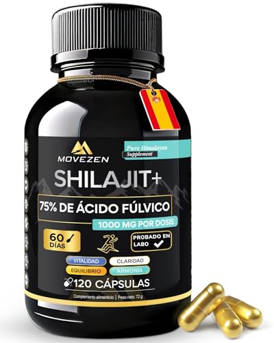 Shilajit+ 2500 mg, Alta concentración, +75% de ácido fúlvico, 120 cápsulas veganas, Shilajit puro del Himalaya, 85 minerales, Sin aditivos, Probado en laboratorio, 60 a 120 días de uso, MOVEZEN