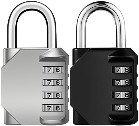 KeeKit Combination Lock, 4 Digit Combination Padlock, Resettable Combo Lock, Waterproof Gate Lock for Locker, Gym, Cases, Toolbox, School, Employee, Fence - 2 Pack, Silver & Black