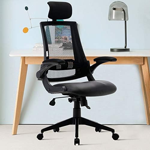LCH Ergonomic Mesh Office Chair with Leather Seat,High Back,Flip-up Armrests,90°- 110°Tilt Lock,Adjustable Back Lumbar Support Computer Desk Task Executive Swivel Chair