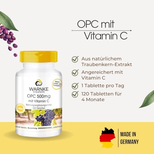 OPC 500 mg - 120 Tabletten Traubenkern-Extrakt mit gepuffertem Vitamin C, hochdosiert, vegan | Warnke Vitalstoffe - Deutsche Apothekenqualität