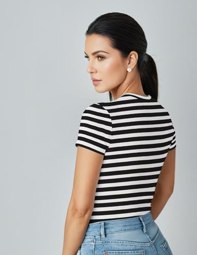 Striped Shirt Women Short Sleeve, Crewneck T-Shirts for Woman Stripes, Fitted Ribbed Tee Stretchy4