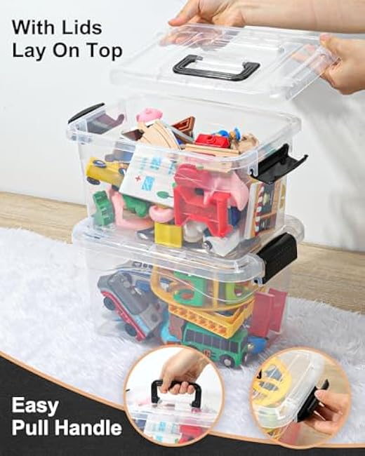 Plastic Storage Bins with Lids 6 Packs, 7 Quart Storage Organizer Bins with Buckle-Up Latches and Handle, Stackable Storage Containers for Home Pantry Office Classroom Organization, Clear