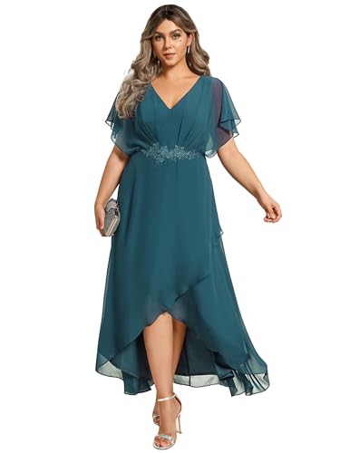 Image of Ever-Pretty Plus Women's V Neck Applique Plus Size Wedding Guest Dress Short Sleeves Maxi Formal Dresses