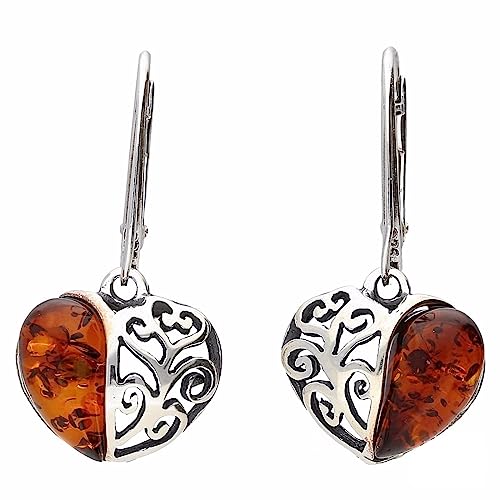 Filigree Heart Baltic Honey Amber Lever Back 925 Sterling Silver Earrings for Women/Ladies/Girls - Fancy Heart Amber Dangly/Dangle Drop Earrings - Amber Jewellery for Women. 070125G