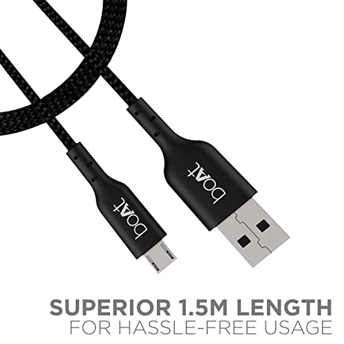 Image of boAt Micro USB 150 Tangle-free, Sturdy Micro USB Cable with 3A Fast Charging & 480mbps Data Transmission, 10000+ Bends Lifespan & Extended 1.5m Length Black)