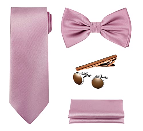 Tie G 5Pcs Tie Set In Premium Gift Box : Solid Color Necktie, Satin Bow Tie, Pocket Square, Tie Bar, Cuff Links (D-Bb Raspberry) #TOP17