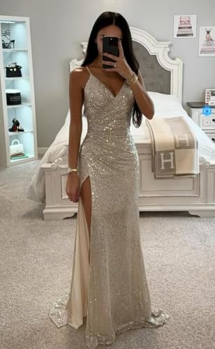 Women’s Glitter Sequin Prom Dresses with Slit Mermaid Backless Spaghetti Straps Formal Evening Party Gowns 2025 DE424