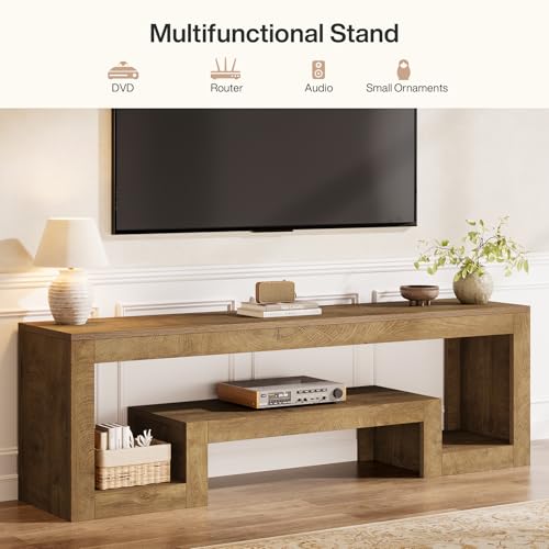 Image of Tribesigns 63-Inch TV Stand for 55 /60 /65 /75-Inch TVs, Farmhouse Entertainment Center with Open Storage Shelves, Wood Television Console for Living Room, Bedroom, Wood