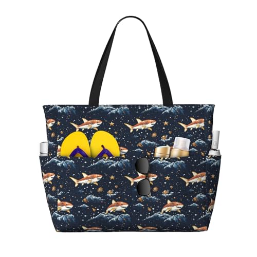 Large Beach Bags for Women Sandproof - Orange Cartoon Shark Print Summer Travel Work Tote Bags with Zipper