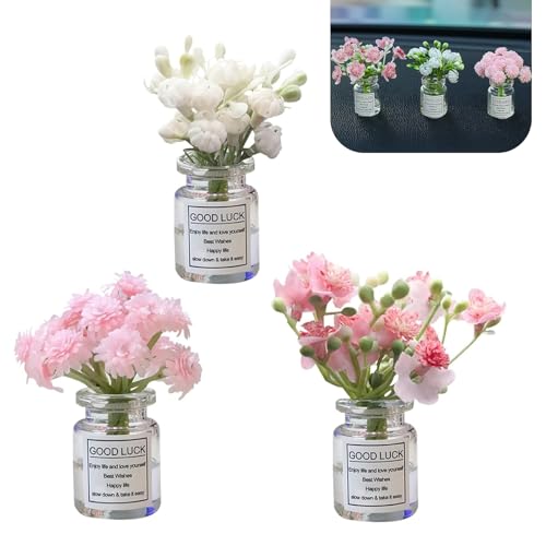 Zigeiya 3 PCS Car Dash Flower Ornaments, Cute Mini Cherry Blossom Jasmine Decoration, Natural Simulated 3D Vase Arrangement, Universal Aesthetic Interior Accessory for Girl Women (Multicolored)