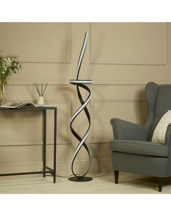 Image of Modern Floor Lamp with Twisting Spiral Design, Black Body, 3-Color LED Light (Warm, Neutral, Cool), Elegant Standing Lamp for Living Room, Bedroom, & Office