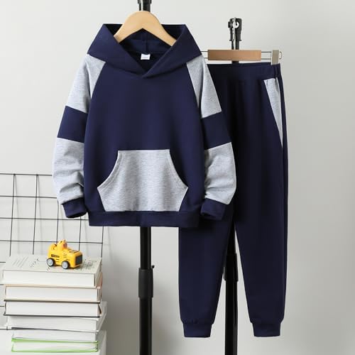 Image of 5-11Y Boys Clothes Long Sleeve Hooded Pullover Colorblock Sweatshirt + Pants 2pcs Fall Winter Outfit Set
