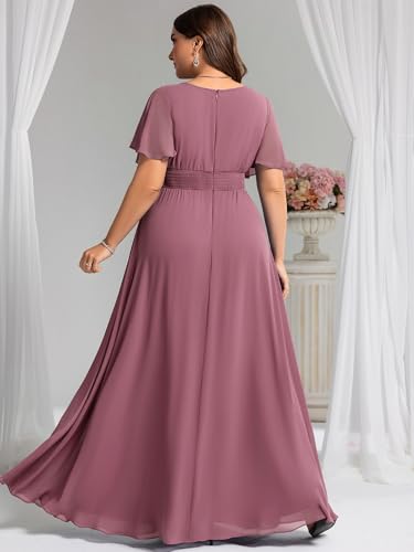 Image of Ever-Pretty Plus Elegant Formal Dresses for Curvy Women Round Neck Short Sleeves Chiffon Bridesmaid Mother of The Bride Dress