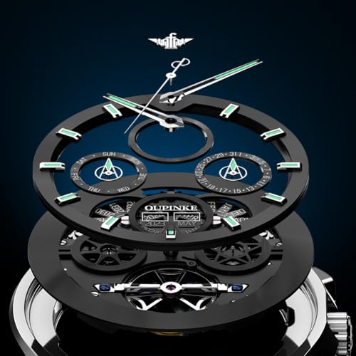 Image of OUPINKE Men Watch Automatic 5 Hands Multi Calendar Year /Month /Week /Date Mechanical 5ATM Waterproof Luxury Tungsten Steel Sapphire Crystal Wrist Watch for Men
