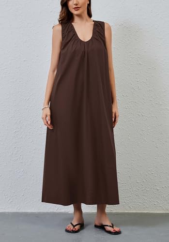 Women's Ruched Scoop Neck Sleeveless Maxi Dress Wide Pleated Strap Midi Dress Solid Loose Long Dresses with Pockets4