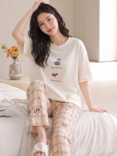 Image of Celary Women's Cotton Blend Printed Night Suit Set||Soft & Breathable Short Sleeve Top & Ethnic Print Pyjama Set||Also Available in Plus Size||Korean Night Suit||Comfortable Home Wear & Sleepwear