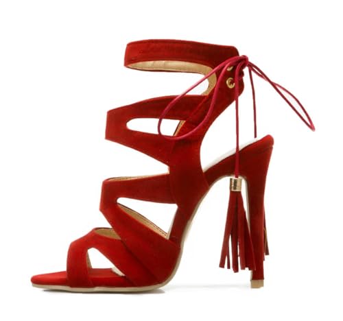 Hykytyhk Sandalias de gladiador con cordones para mujer, con puntera abierta, con tiras y tacones altos, Rojo -, 37.5 EU