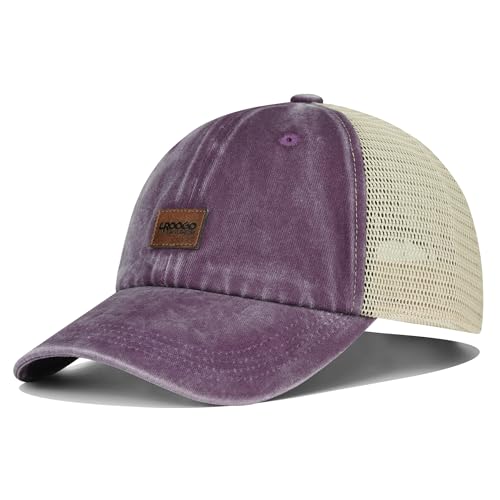 Image of Croogo Leather Patch Mesh Back Cap Washed Cotton Dad Hat | Breathable Material /Adjustable Design /Unstructured Hats /Vintage Wash /Exclusive Products