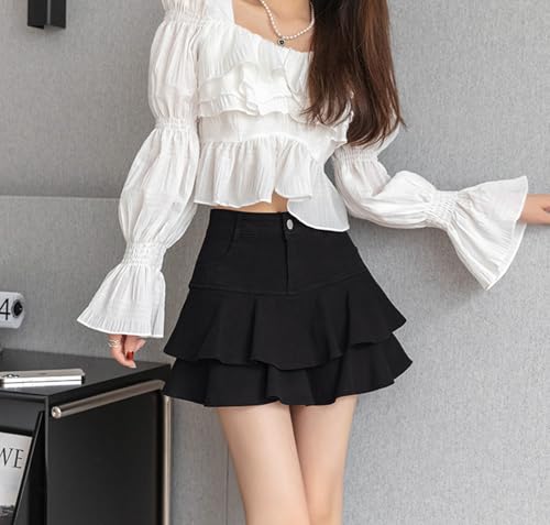 SHSEMO Women's Ruffle Multi-Layer Denim Skirt Casual A-Line Ruffle Y2K Mini Denim Skirt (US, Alpha, X-Large, Regular, Regular, Black)3