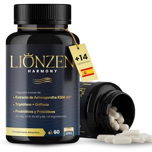 Ashwagandha KSM-66® 600mg | +14 ingredientes antiestrés, Cortisol | Bienestar, Descanso | Alta potencia | Magnesio, Griffonia, L-Triptófano, Vitaminas, Zinc, Té verde, Probióticos | LIONZEN HARMONY