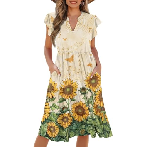 Image of Women's Casual Ruffle Sleeve Dress V Neck Pullover Dress Flowy A-Line Pleated Lightweight Dress with Pockets