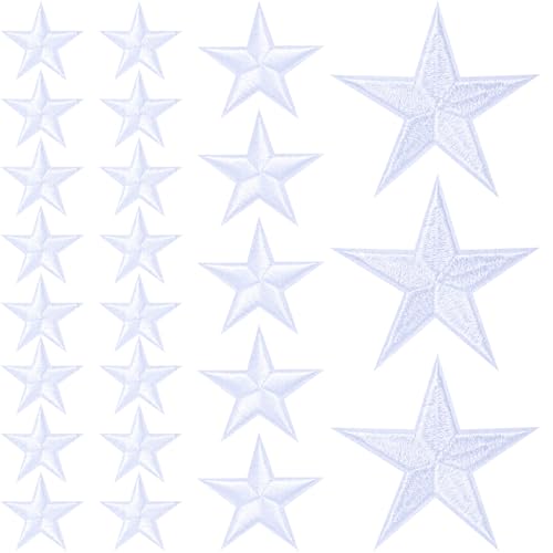 PAGOW 24pcs White Star Iron on Patches Sew on Embroidered Patches Iron on Fabric Patches Appliques Embellishments for Hats Jackets Clothes Decor & Repair (1+1.8+3)