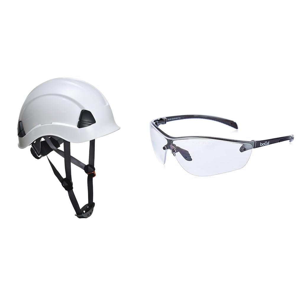 PS53 Casque de Sécurité Léger pour Travaux en Hauteur Blanc & Bollé Safety Silium+ Incolores Lunettes Traitement Anti-Buée Platinum SILPPSI Chasse Sport Tir Pêche Travail Sécurité Antibuée