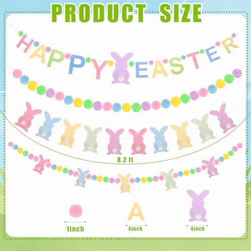 Image of 4 Pcs Easter Day Bunny Felt Banner Colorful Happy Easter Felt Banner Colorful Pink Blue Yellow Pom Pom Ball Garland Bunny Rabbits Pompom Hanging Banner Hanging Garland for Home Party Favors