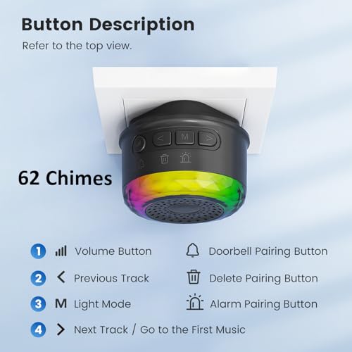 Image of Wireless Doorbell with Safety Alarm & Night Light for Home and Office, Upto 350M Range with 62 Chimes, Diamond Shape, 6 RGB LED modes, 4 Level Volume, Calling Bell (Transmitter & Receiver)