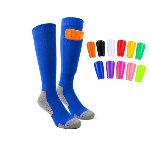 Set espinilleras y Calcetines fútbol con Bolsillo, EVA amortiguación para niños 6-12 años y Adultos, Calcetines Cortos Transpirables Antideslizantes Suela Toalla (M,Black Guards + Blue Socks)