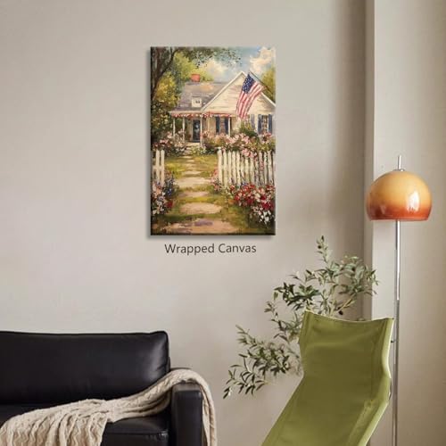 Image of American Flag Canvas Wall Art, 4th of July Patriotic Poster Print, Summer Americana Cottage Landscape Picture, Farmhouse Independence Day Wall Decor for Bedroom Living Room 16x24in Wrapped Canvas