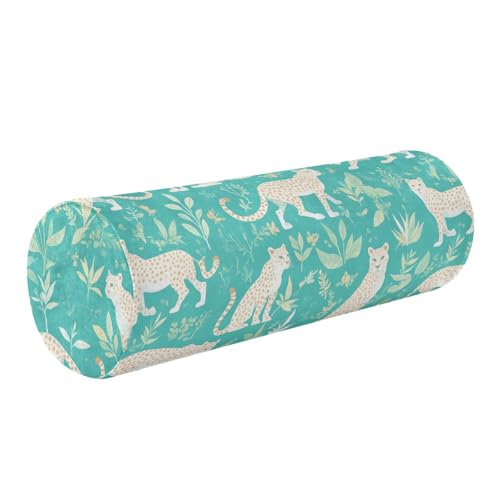 miaozhen Cartoon Jungle Cheetah Turquoise Cervical Neck Roll Pillow Round Pillow Forms cojin para el Cuello 5.5''x17''