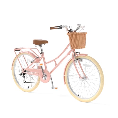 Image of XJD 20 24 26 Inch Girls Bike, 7-Speed Beach Cruiser Bike for Girls Youth and Over 6 Years Old, Kids Bicycles with Dual V-Brakes Rear Rack & Wicker Basket