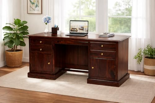 Image of Solid Sheesham Wood Office Desk with 4 Drawers & 2 Cabinets, Wooden Computer Table with Keyboard Tray & Footrest, Study Writing Desk for Home Office Furniture (Natural Walnut Finish)