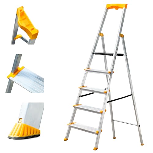 HOSTRÖM Escabeau 5 marches en Aluminium, Marche Pied Pliable, Porte-Outils, Marches Extra-Large 12cm, Usage Domestique et Professionnel, Garantie 5ans