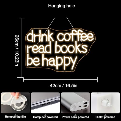 Image of Looklight Drink Coffee Read Books Be Happy Neon Sign Warm White Read Books Led Neon Light for Wall Decor Dimmable USB Neon Light Up Signs for Classroom Coffee Shop Bookstore Library Museum Study Room