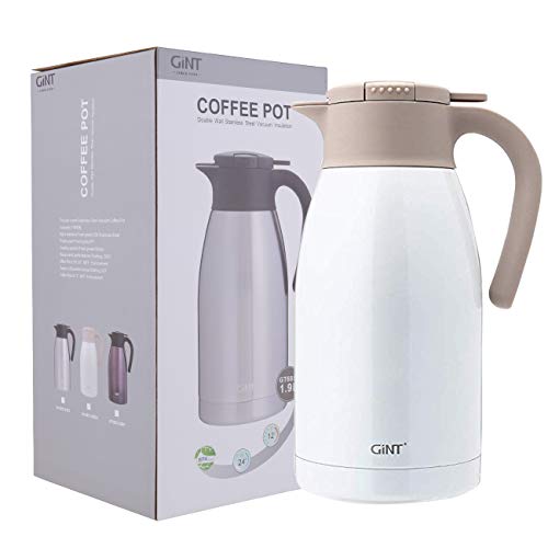 GiNT Stainless Steel Thermal Coffee Carafe with Lid/Double Walled Vacuum Thermos / 12 Hour Heat Retention (White, 1.9L) - Thumbnail 3
