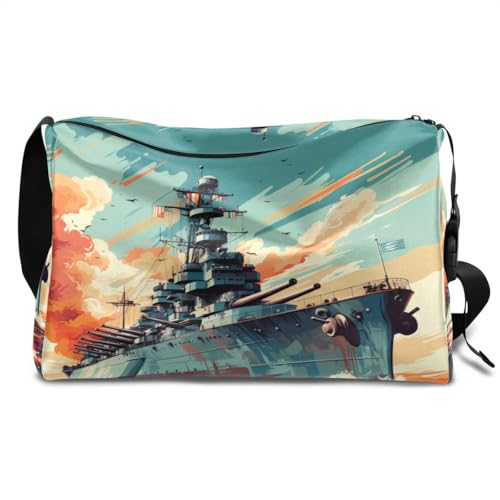 Leather Travel Duffle Bag for Women Men, Ocean Warship Small Sports Gym Bag Weekender Overnight Bags Underseat Carry on Luggage Bags for Airplanes, Personal Item Travel Bag,B-1006