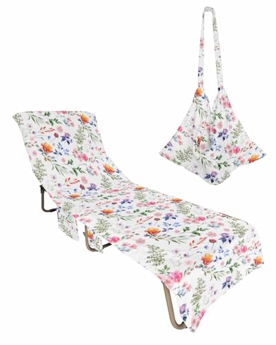 Watercolor Spring Floral Beach Lounge Chair Towel Cover, Soft Chaise Lounge Towel with Side Pockets Patio Pool Chairs Cover for Beach/Pool Sunbathing 29x85 Summer Botanical Herbs