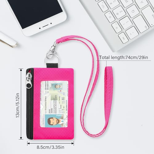 Image of Minimalist RFID Blocking Wallet with Lanyard, Functional ID Case with 2 Zipper Pockets and Key Chain for Men and Women, Tactical Badge Pouch Cards Holder, Coin Purse for Travel Sports-Rose