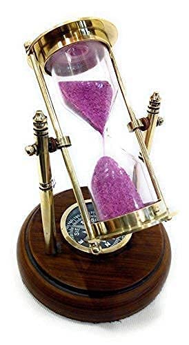Sand Timer sandclock Antique Brass Sand Timer with Compass on Wooden Base Hourglass Clock Nautical Theme Decor (Height 5 Inches 2 Minute, Brown)